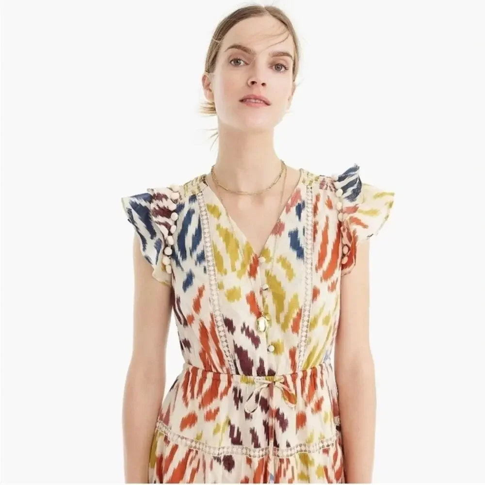 J. Crew Point Sur Tiered Pom Pom Midi Flutter Sleeve Cotton Ikat Dress Size 2